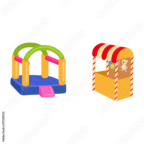 vector flat amusement park objects icon set. Shooting gallery with bear, rabbit toys - awards, inflatable bouncy playground castle. Isolated illustration on a white background.