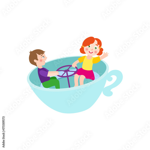 vector flat children in amusement park concept. Boy and girl kids having fun sitting in rotating chair cup or playing rocking cups. Isolated illustration on a white background.