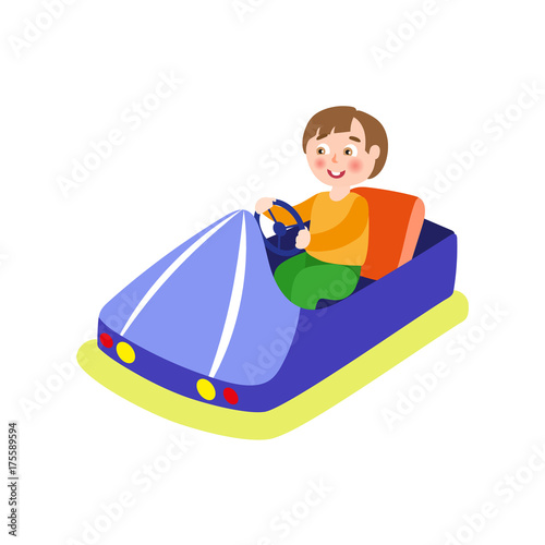 vector flat children in amusement park concept. Boy kid having fun driving toy bamper car from funfair carnival. Isolated illustration on a white background.