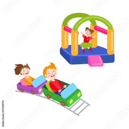 vector flat children in amusement park set. Boy and girl riding at roller coaster, girl in inflatable bouncy playground castle. Isolated illustration on a white background.