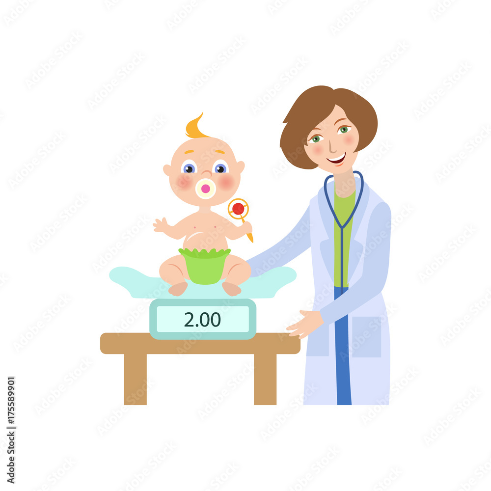 vector flat cartoon female doctor with stethoscope measuring weight of newborn infant kid holding rattle. Woman pediatrician in medical clothing and baby. Isolated illustration on a white background