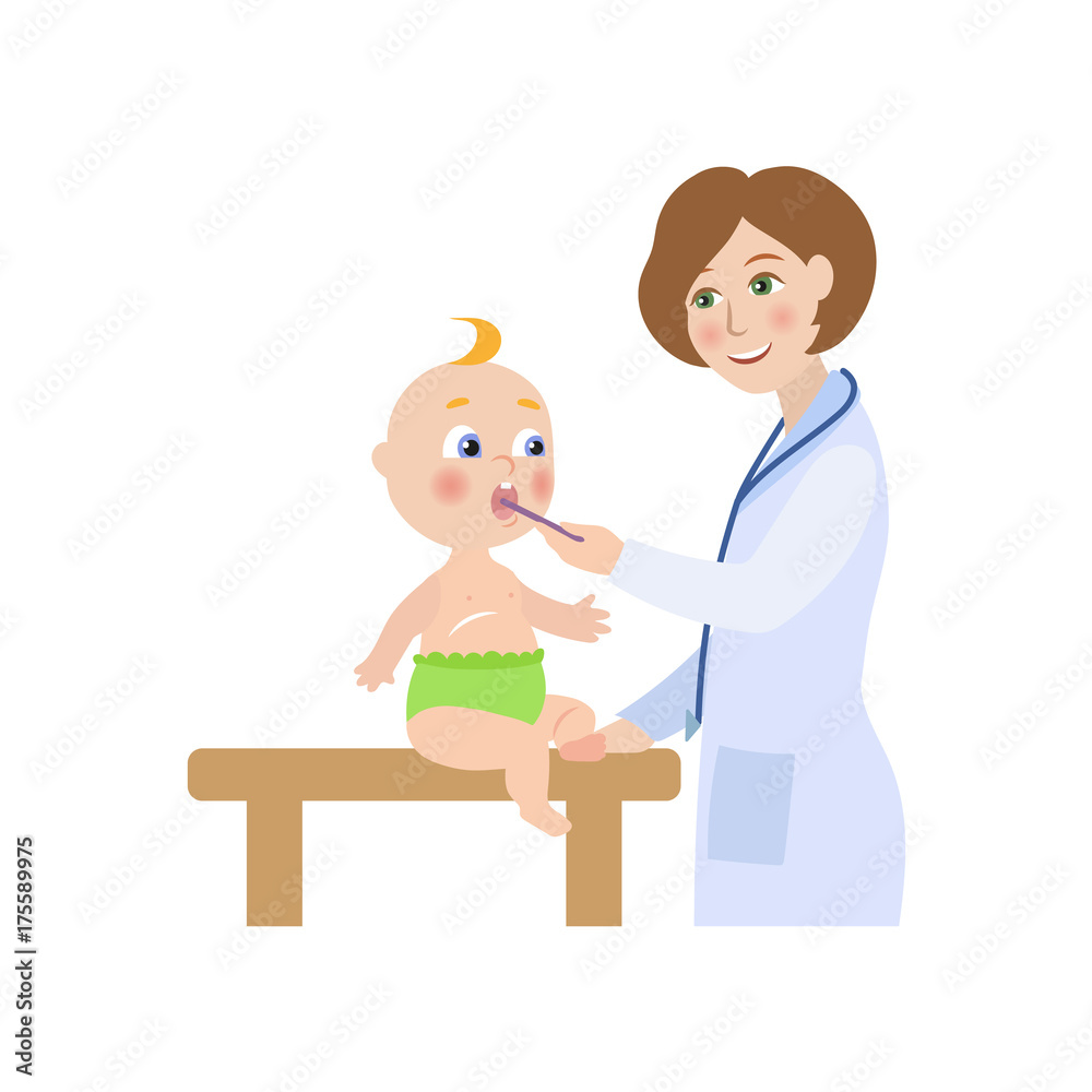 vector flat cartoon female doctor with stethoscope examining newborn infant kid temperature by thermometer. Woman pediatrician in medical clothing and baby. Isolated illustration on a white background vector flat cartoon female doctor with stethoscope examining newborn infant kid temperature by thermometer. Woman pediatrician in medical clothing and baby. Isolated illustration on a white background
