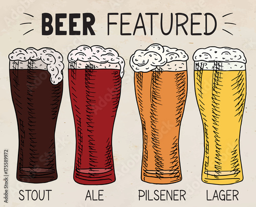 Beer featured. Beautiful illustration of stout, ale, light and lager beer