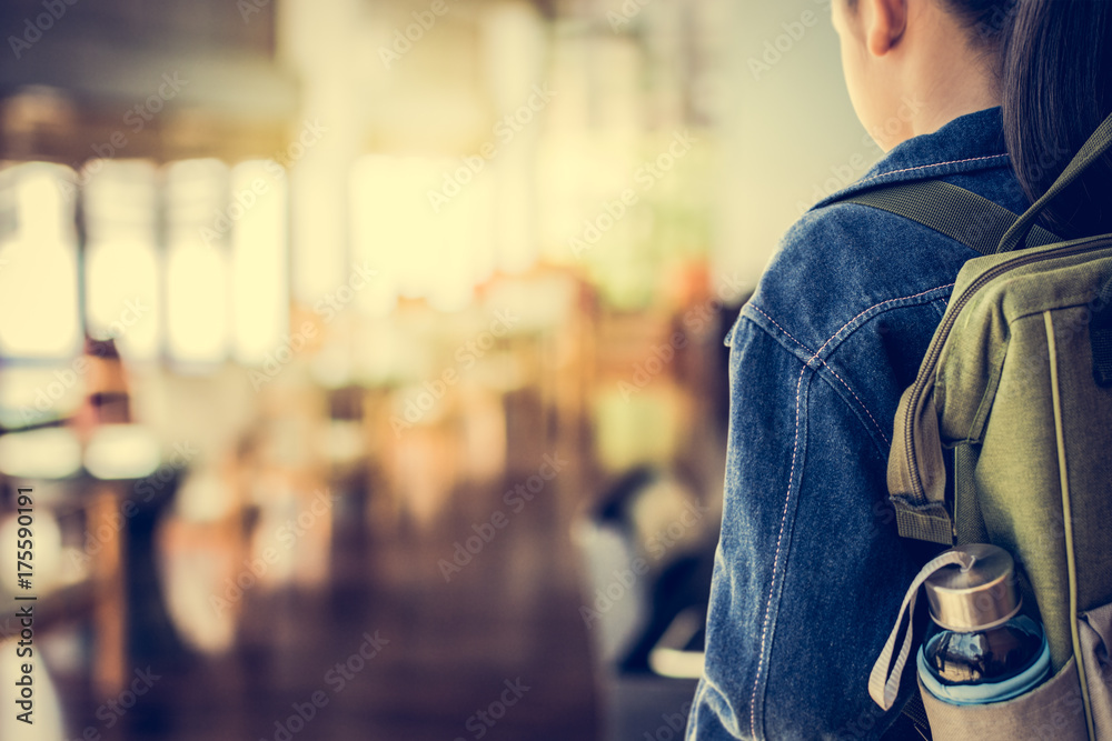 Girl with backpack entering to the classroom. Girl with backpack entering to the classroom.