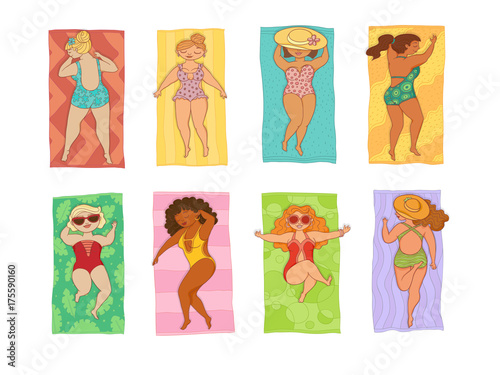 vector flat style black caucasian plump women in colored swimsuit lying on beach mat set. Female cute character sunbathing at summer in hat, sunglasses. Isolated illustration on a white background.