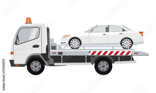 White tow truck with white sedan car on it. Flat vector with solid color design.
