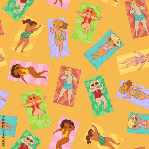 vector flat cartoon style plump women in colored swimsuit lying on beach mat seamless pattern. Female cute character sunbathing at summer. Isolated illustration on a white background.