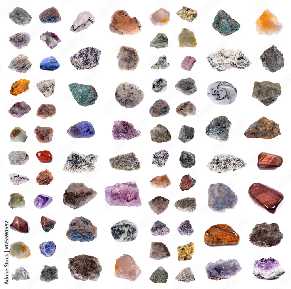 Collection of rock samples of minerals on an isolated white background