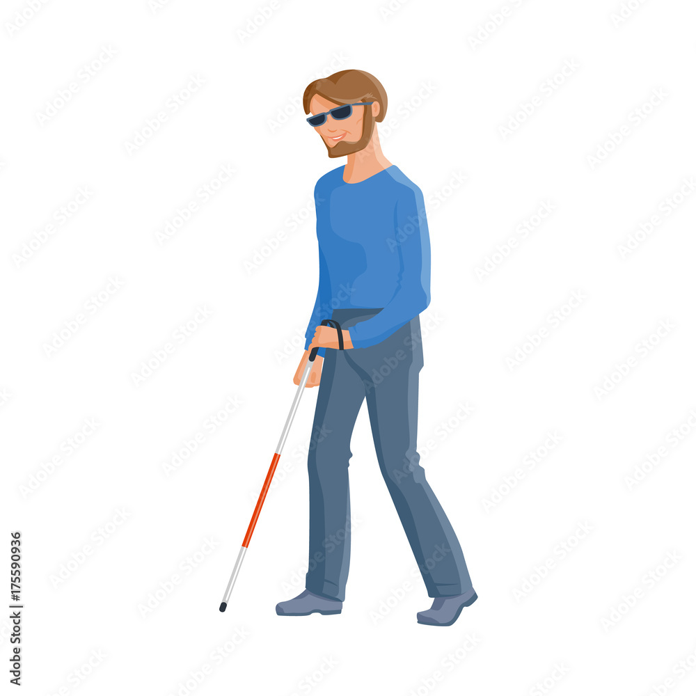 Young blind Caucasian man in dark glasses with a walking cane, flat cartoon  vector illustration isolated on white background. Flat cartoon blind man  walking with a stick, blindness disability concept Stock Vector