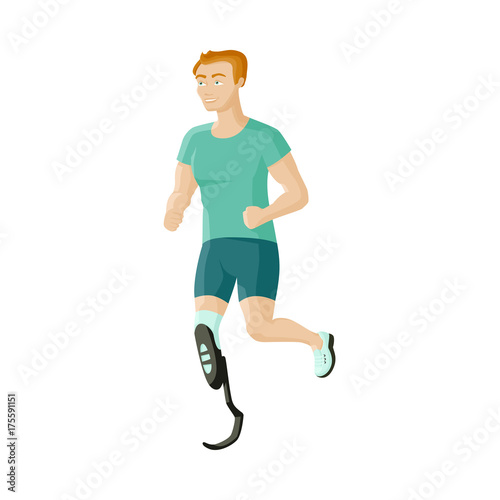 Young man with prosthesis, sportsman running on artificial leg, flat cartoon vector illustration isolated on white background. Flat cartoon man, sportsman with prosthetic leg, overcoming disability
