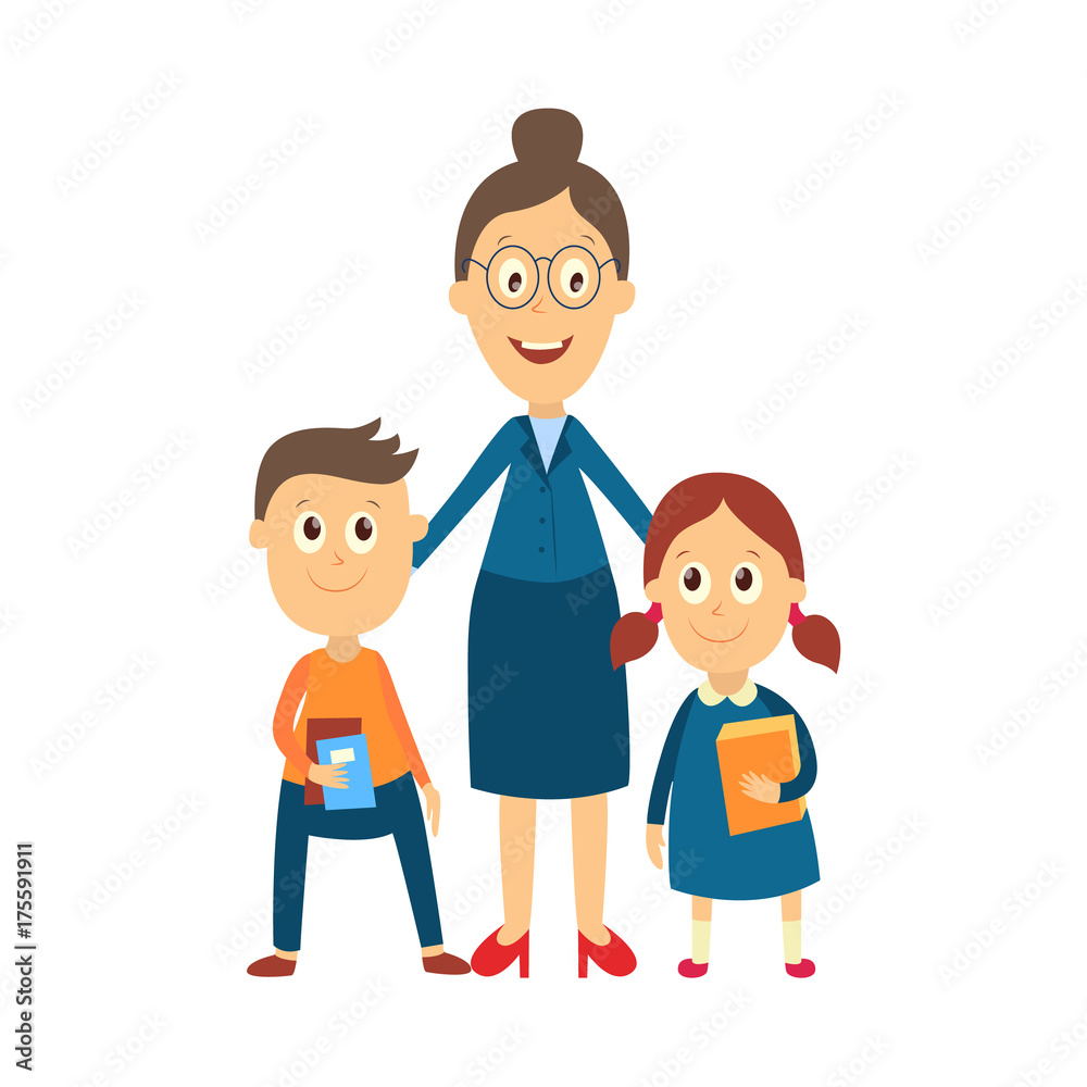 vector flat cartoon adult woman teacher in glasses hugging boy and girl kids pupils holding books, notebooks. Isolated illustration on a white background.