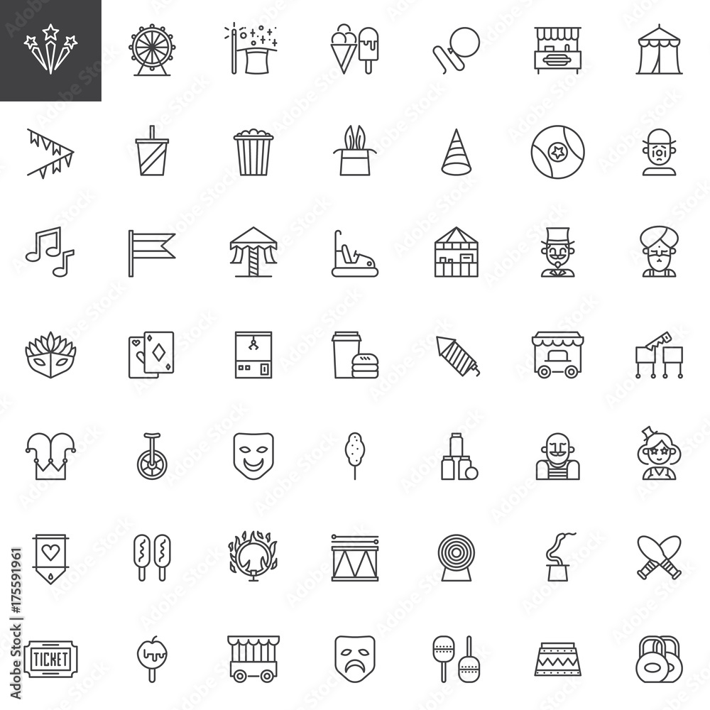 Circus line icons set, outline vector symbol collection, linear style pictogram pack. Signs, logo illustration. Set includes icons as magician, strongman, clown, magic trick, mask, unicycle, carousel Circus line icons set, outline vector symbol collection, linear style pictogram pack. Signs, logo illustration. Set includes icons as magician, strongman, clown, magic trick, mask, unicycle, carousel