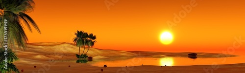 oasis in the sandy desert, sunset over the sands with palm trees and a lake 