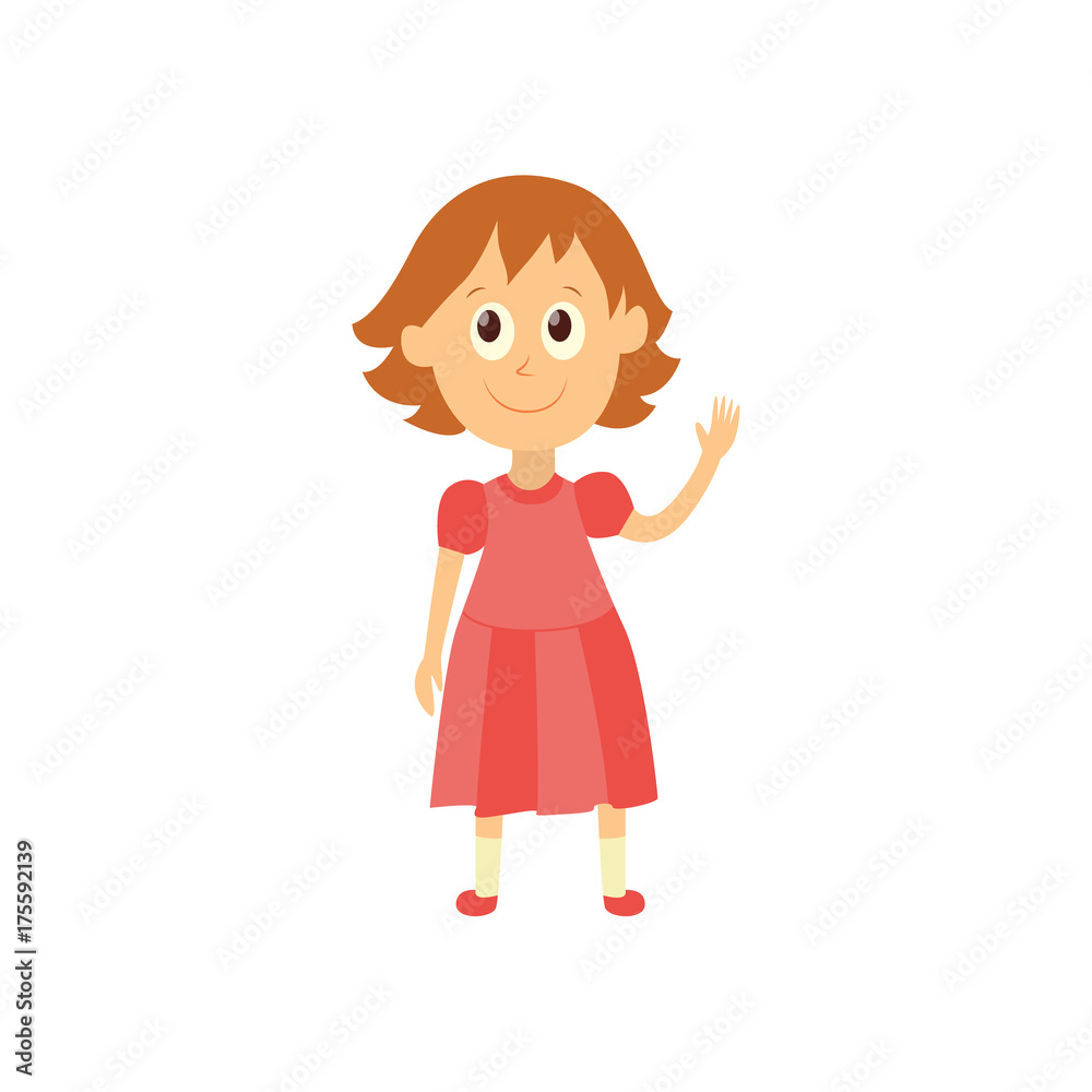 vector flat cartoon style female character - cute cheerful brunette girl pupil, schoolkid standing smiling in pink dress. Isolated illustration on a white background.