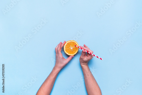 Fresh Juice Fruit Orange Color Blue Flat Lay