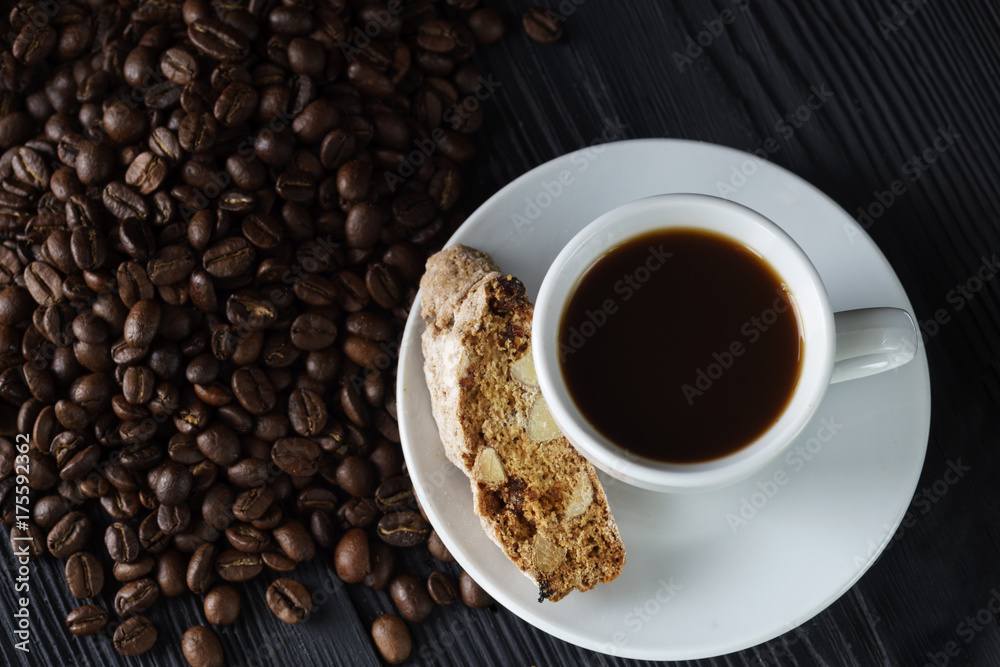 Coffee with biscotti or cantucci, traditional Italian biscuit Coffee with biscotti or cantucci, traditional Italian biscuit