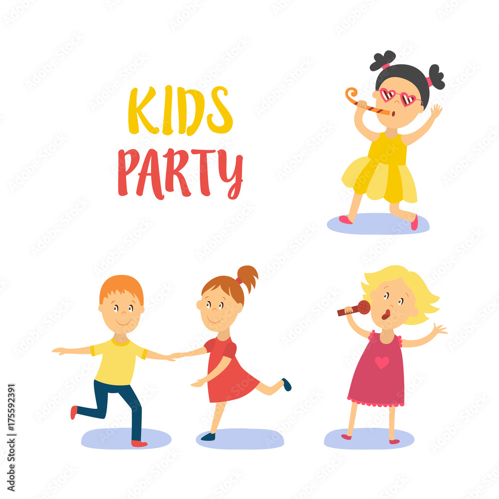 vector flat cartoon kids at party set. Boy dancing happily with girl, another girl in pink dress singing at microphone, kid in yellow dress whistling . Isolated illustration on a white background. vector flat cartoon kids at party set. Boy dancing happily with girl, another girl in pink dress singing at microphone, kid in yellow dress whistling . Isolated illustration on a white background.