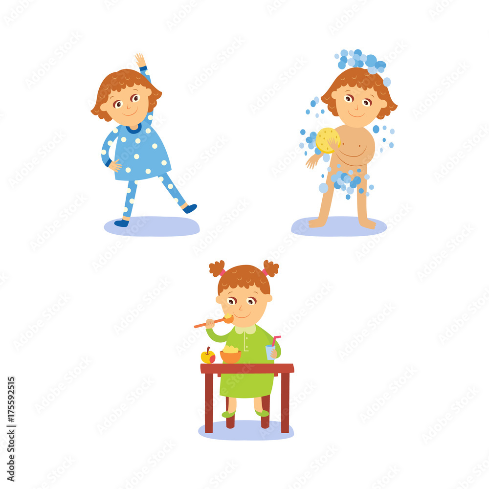 vector flat girl kid doing everyday routine activity set. Child washing, making physical exercises, and eating . Isolated illustration on a white background. vector flat girl kid doing everyday routine activity set. Child washing, making physical exercises, and eating . Isolated illustration on a white background.