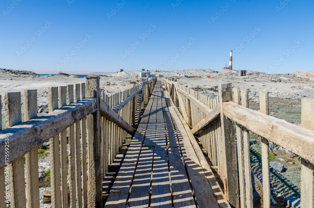 Diaz Point with wooden walkway and lighthouse on the Luderitz Peninsula in the Namib desert, Namibia, Southern Africa