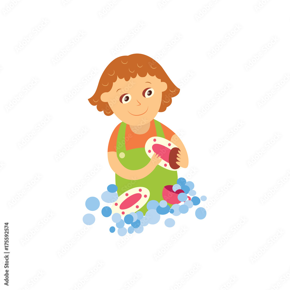 vector flat cartoon girl kid washing dishes standing in apron smiling. Isolated illustration on a white background. Daily routine concept vector flat cartoon girl kid washing dishes standing in apron smiling. Isolated illustration on a white background. Daily routine concept