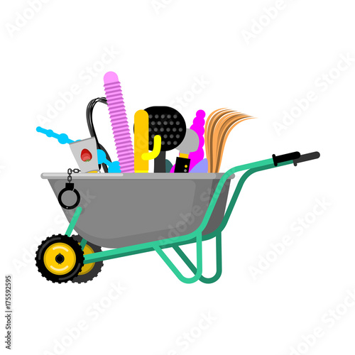 Wheelbarrow and sexy toys. adult games in garden trolley. sex shop goods Vector Illustration
