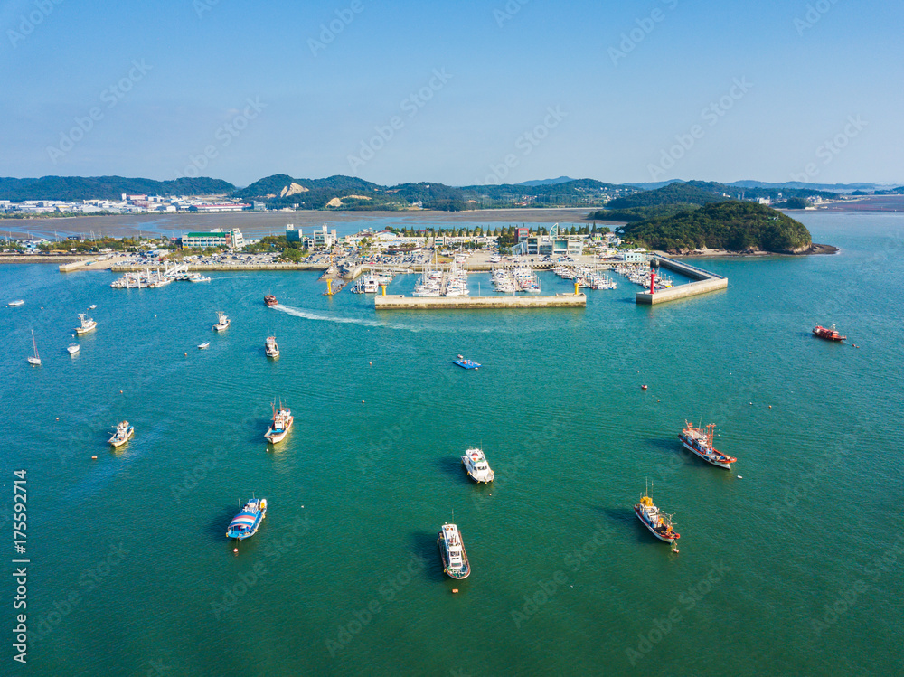 High angle view of the sea with many boat in Daebudo Island,South Korea.