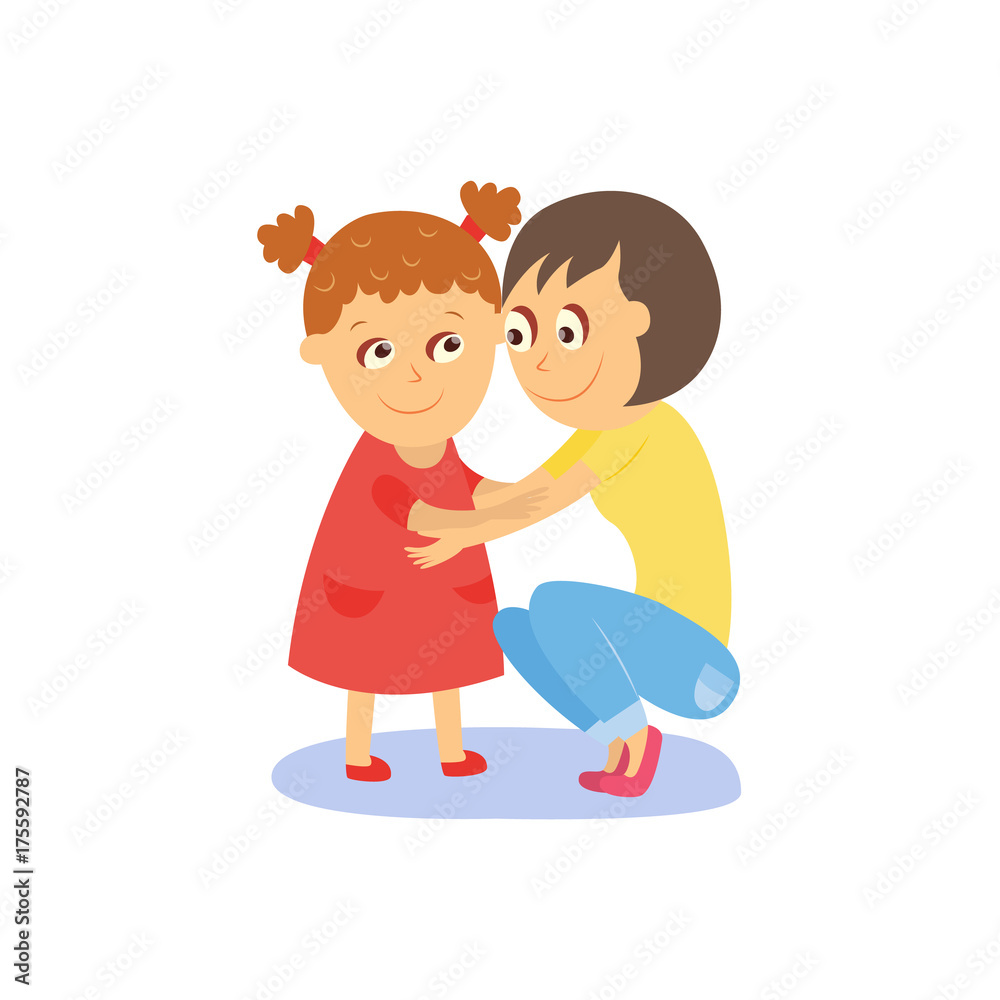 Mom and daughter hugging, embracing each other, flat, comic style cartoon vector illustration isolated on white background. Happy flat cartoon mother and daughter hugging each other Mom and daughter hugging, embracing each other, flat, comic style cartoon vector illustration isolated on white background. Happy flat cartoon mother and daughter hugging each other