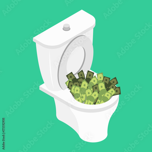 Money in toilet.. Wash off cash in wc. Vector illustration