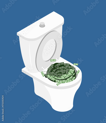 Money in toilet.. Wash off cash in wc. Vector illustration