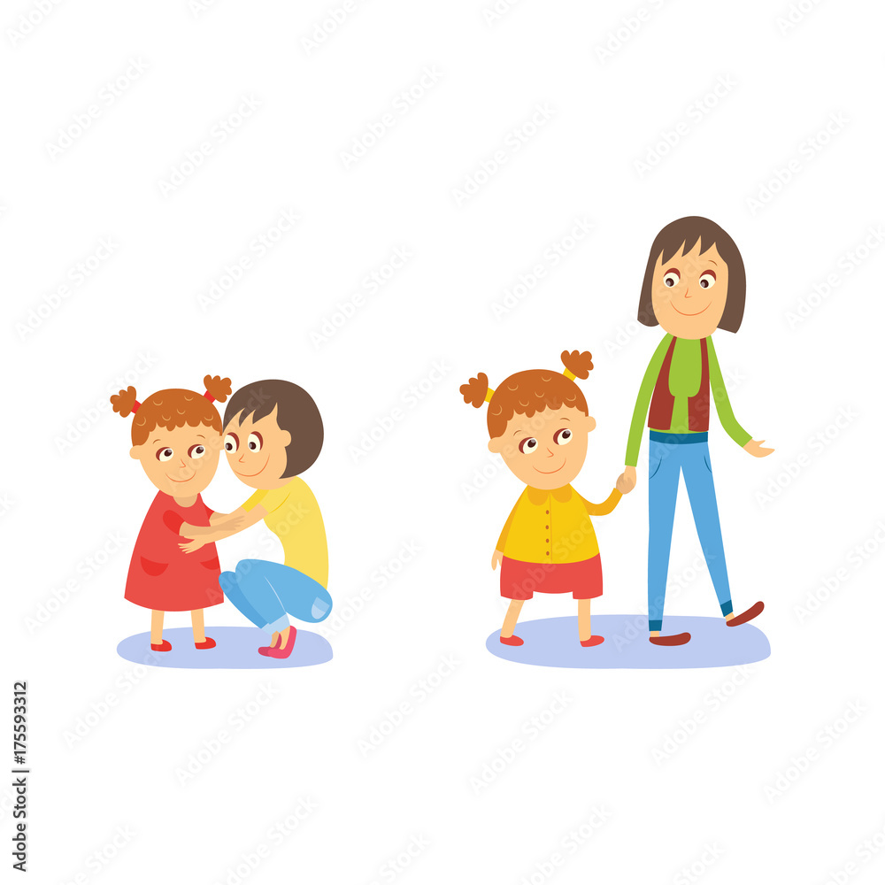 Mother and daughter, little girl walking and hugging with her mom, flat comic style cartoon vector illustration isolated on white background. Cartoon girl with her mom, mother and daughter Mother and daughter, little girl walking and hugging with her mom, flat comic style cartoon vector illustration isolated on white background. Cartoon girl with her mom, mother and daughter
