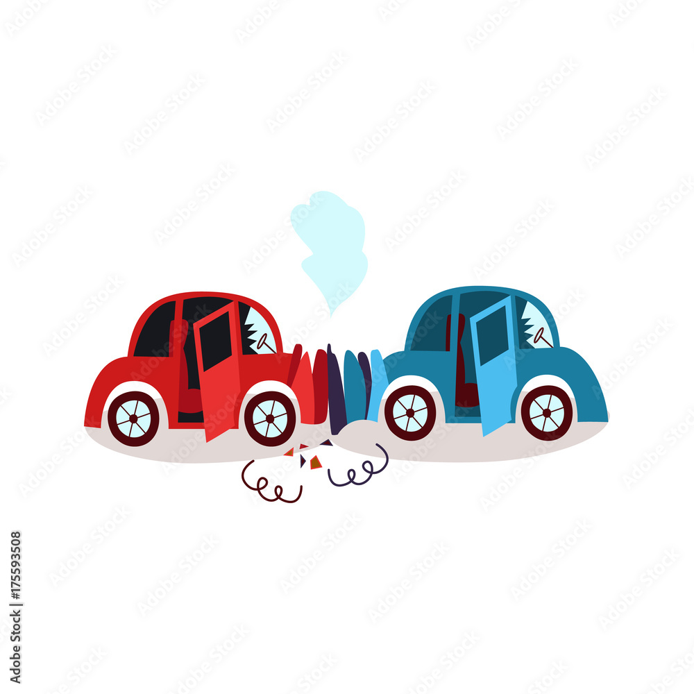 vector flat cartoon car crash in head-on collision, accident. Both have  dents, broken glasses, scratches and smoke from hood. Isolated illustration  on a white background Stock Vector | Adobe Stock