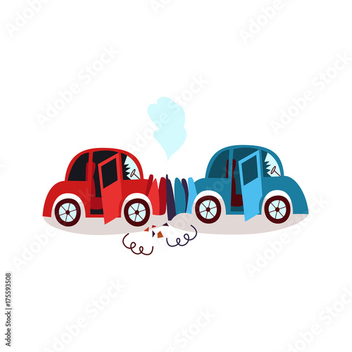 Vector Flat Cartoon Car Crash In Head On Collision Accident Both Have Dents Broken Glasses Scratches And Smoke From Hood Isolated Illustration On A White Background Stock Vector Adobe Stock