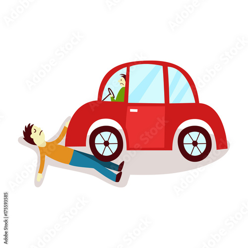 vector flat cartoon pedestrian accident, young man was hit by red car and human damaged lying on the ground. Isolated illustration on a white backgound. Road safety concept