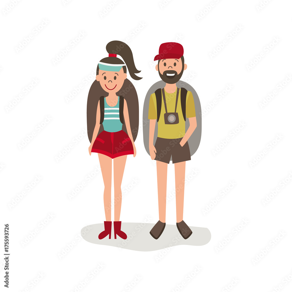 vector flat cartoon young man, woman hitch-hiking tourists smiling wearing backpack, watches cap. Isolated illustration on a white background.