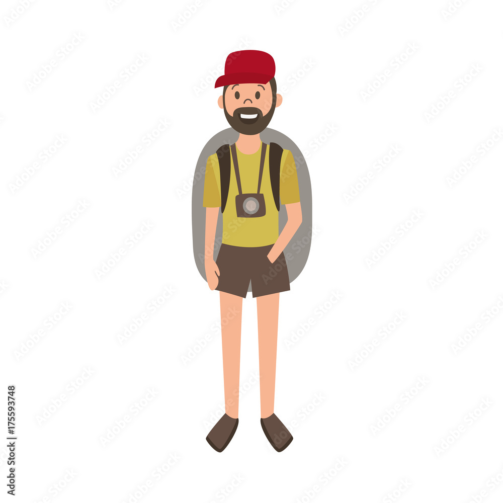 vector flat cartoon young man with beard hiking tourist smiling wearing backpack, watches cap and t-shirt. Isolated illustration on a white background. vector flat cartoon young man with beard hiking tourist smiling wearing backpack, watches cap and t-shirt. Isolated illustration on a white background.