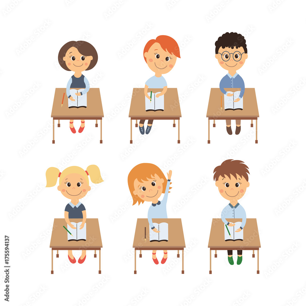 vector flat cartoon cute schoolkids character sitting at desk in elementary school smiling set. Isolated illustration on a white background. Child education, back to school concept vector flat cartoon cute schoolkids character sitting at desk in elementary school smiling set. Isolated illustration on a white background. Child education, back to school concept