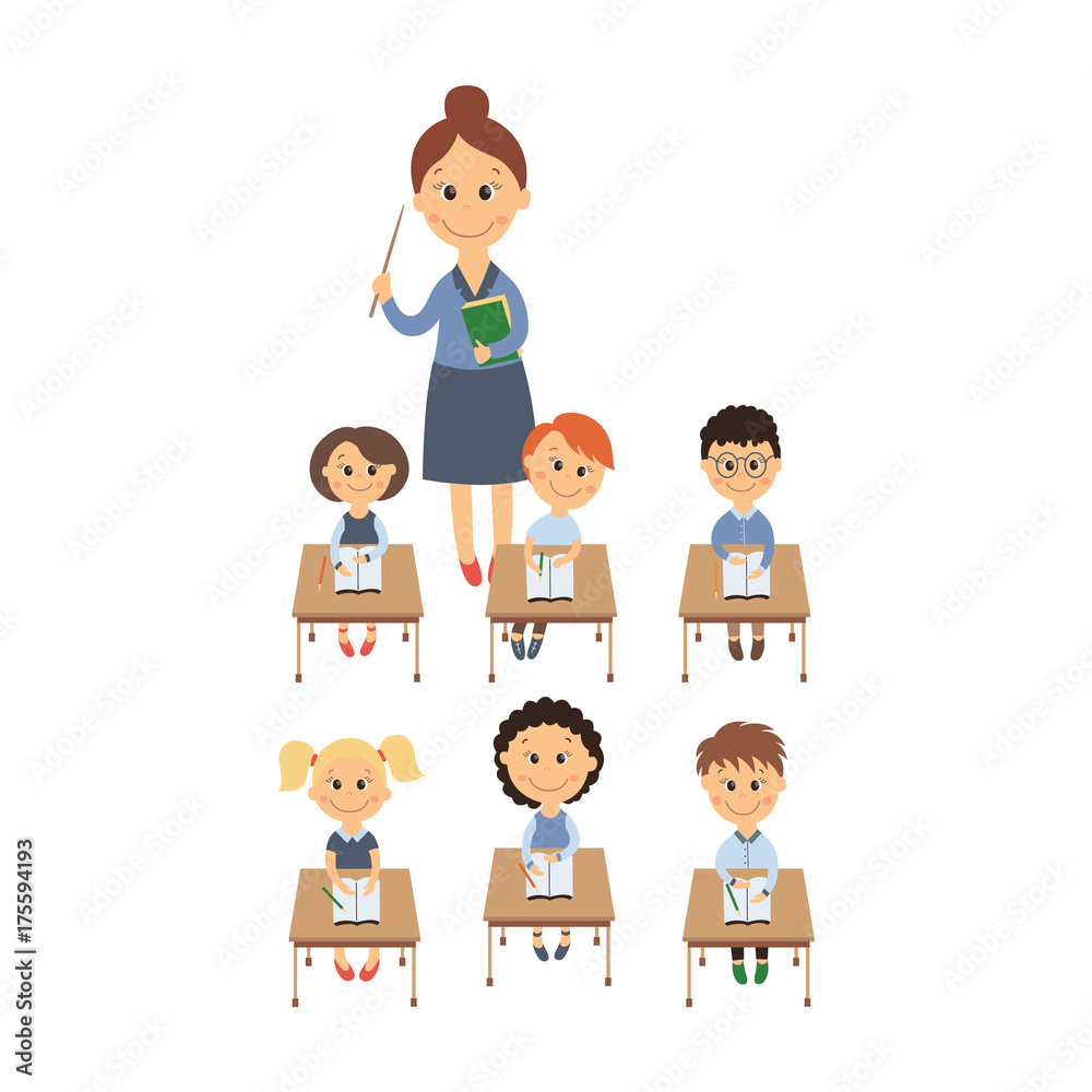 vector flat cartoon cute schoolkid character sitting at desk in elementary school smiling, teacher with pointer set. Isolated illustration on a white background. Child education back to school concept vector flat cartoon cute schoolkid character sitting at desk in elementary school smiling, teacher with pointer set. Isolated illustration on a white background. Child education back to school concept