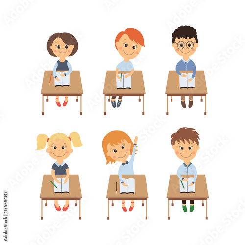 vector flat cartoon cute schoolkids character sitting at desk in elementary school smiling set. Isolated illustration on a white background. Child education, back to school concept