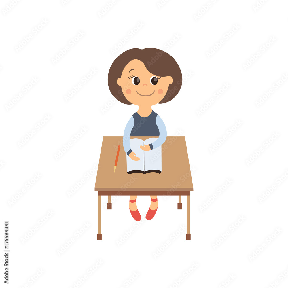 vector flat cartoon cute schoolgirl character with brown hair sitting at desk in elementary school smiling. Isolated illustration on a white background. Child education, back to school concept vector flat cartoon cute schoolgirl character with brown hair sitting at desk in elementary school smiling. Isolated illustration on a white background. Child education, back to school concept