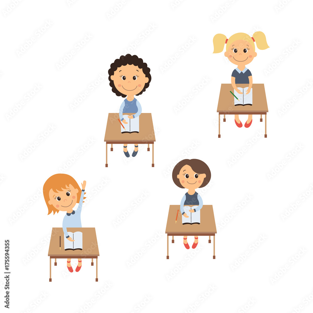 vector flat cartoon cute schoolkids character sitting at desk in elementary school smiling set. Isolated illustration on a white background. Child education, back to school concept vector flat cartoon cute schoolkids character sitting at desk in elementary school smiling set. Isolated illustration on a white background. Child education, back to school concept