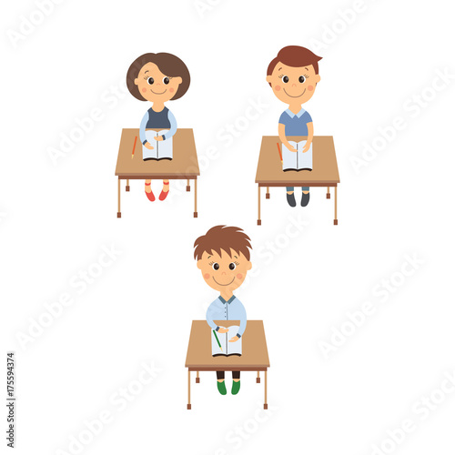 vector flat cartoon cute schoolkids character sitting at desk in elementary school smiling set. Isolated illustration on a white background. Child education, back to school concept