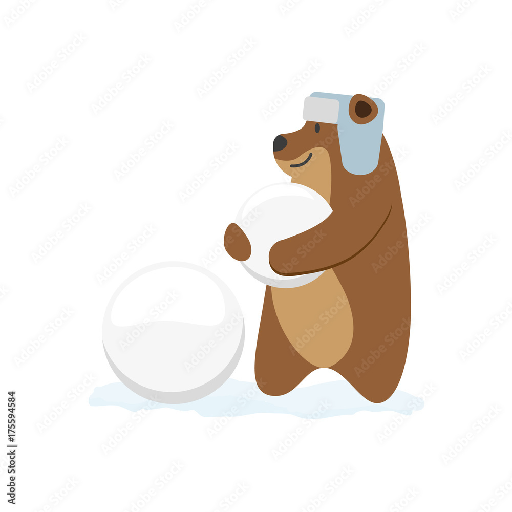 Fototapeta premium vector flat cartoon brown bear character making ice balls smiling wearing earflap hat. Winter animal outdoor games, activities concept. Isolated illustrationo on a white background