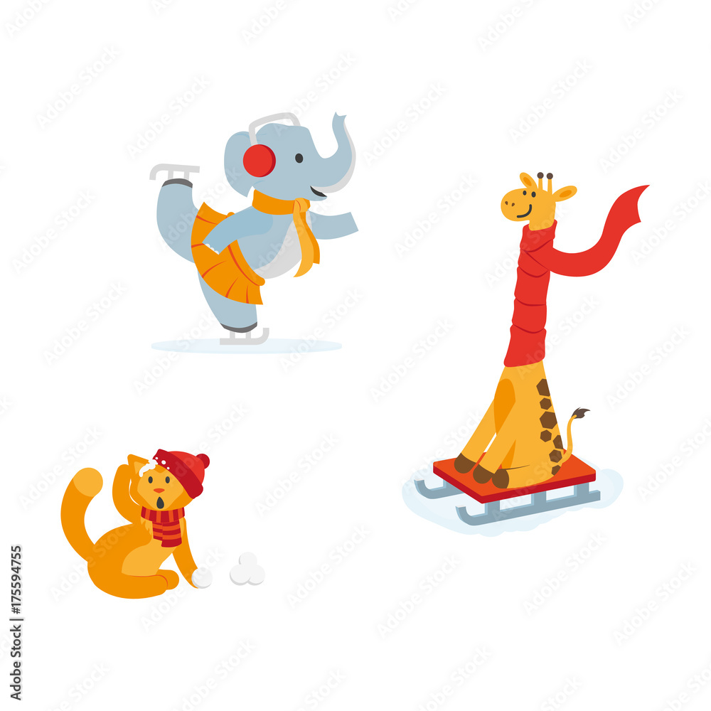 Cute animals in winter - elephant ice skating, giraffe riding a sled, cat hit by snowball, flat cartoon vector illustration isolated on white background. Animal characters having fun in winter