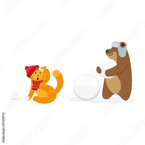 Cat and bear characters making snowballs, playing, winter activity, cartoon vector illustration isolated on white background. Little cat, kitten and baby character playing snowballs