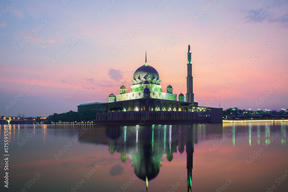 Putrajaya mosque between sunsire in Kuala Lumpur, Malaysia. Pink mosque in Kuala Lumpur, Malaysia. Asia.