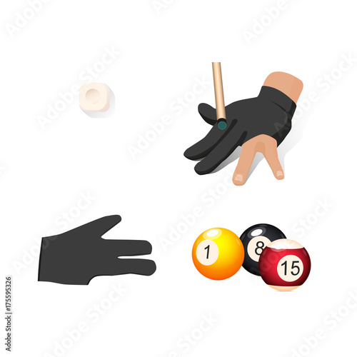 vector flat cartoon billiard snooker, pool equipment objects set. cue chalk block ,hand in glove, colored balls with numbers. Isolated illustration on a white background.
