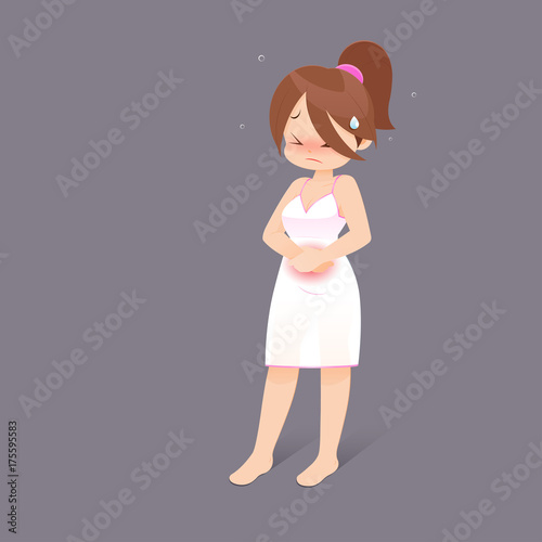 Cartoon woman suffering from abdominal pain at home. Gynecology concept, Vector illustration
