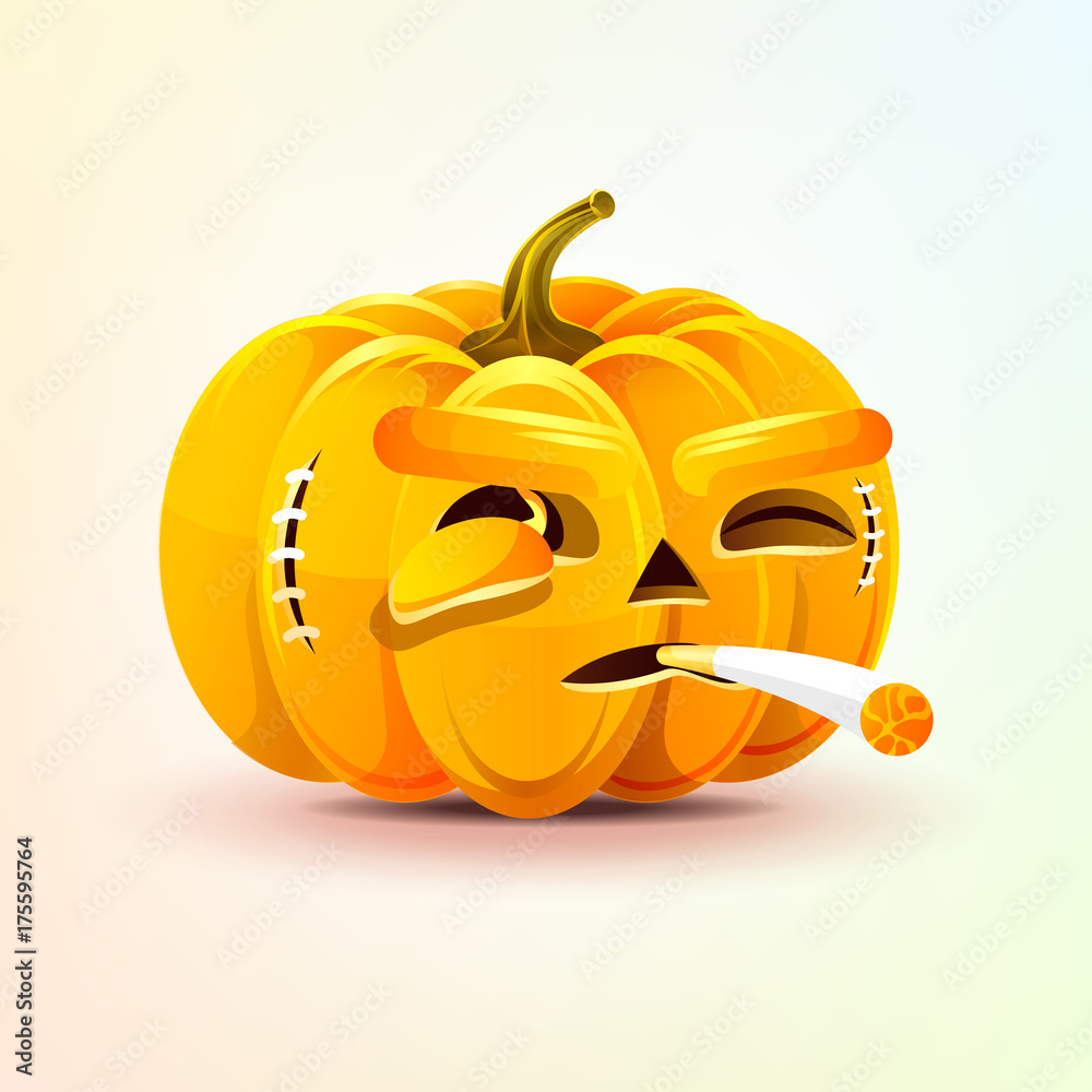 Jack-o-lantern, terrible facial expression of pumpkin smoking cigarette emotion, emoji sticker for Happy Halloween