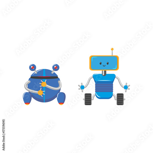 vector flat cartoon funny friendly blue robots with legs - rollers, arms antennas set. Isolated illustration on a white background. Childish futuristic android.