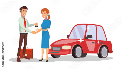Car Dealer Salesperson Vector. Choosing New Machine Concept. Seller Man. Cartoon Business Character Illustration